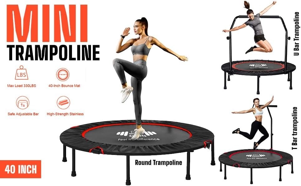 40” Foldable Mini Fitness Trampoline Rebounder Adjustable Handle