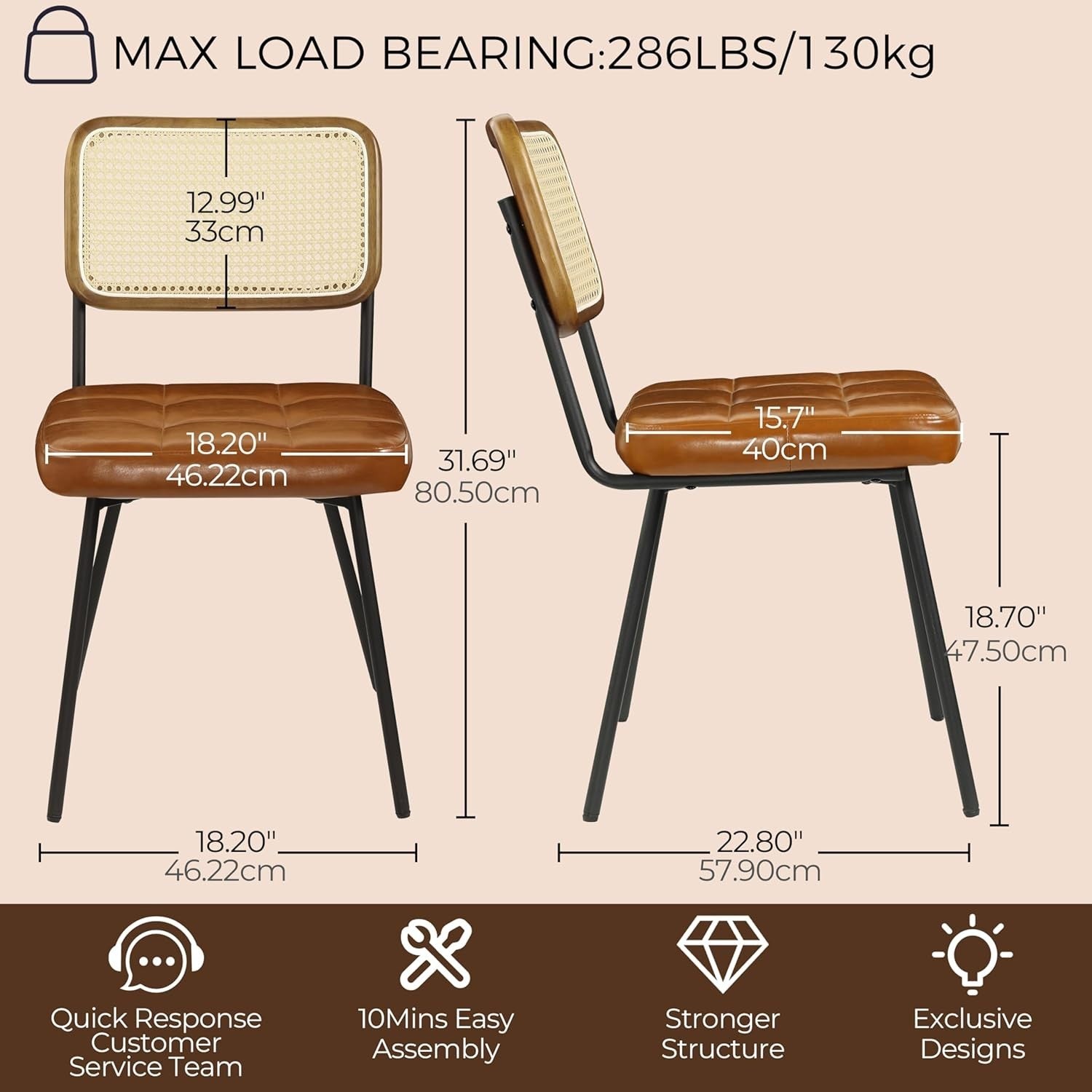 Rattan Dining Chairs Set of 2 Faux Leather Cane Back Mid Century Chairs