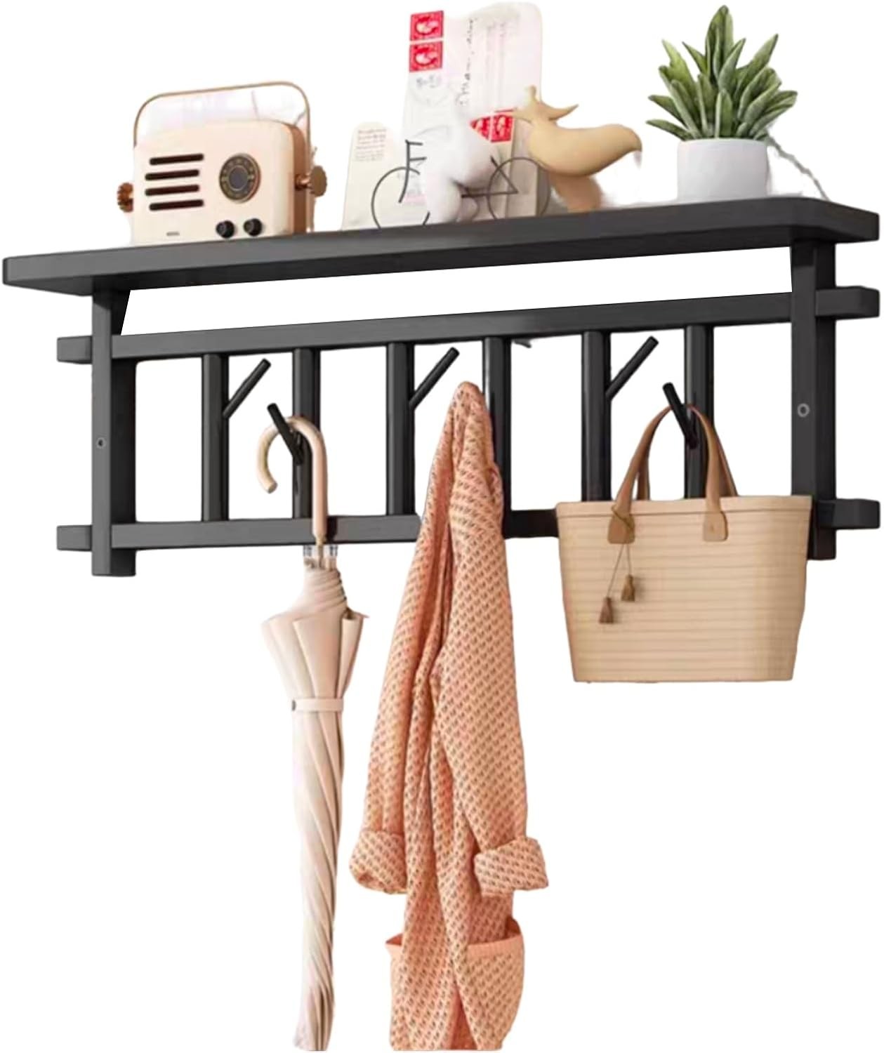 Wall Mounted Coat Rack with Shelf 70cm Black Entryway Hat Bag Hanger Storage