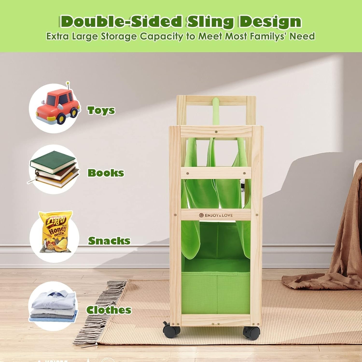 Kids 4-Tier Rolling Bookcase with Fabric Bins & Lockable Wheels, Pine Wood