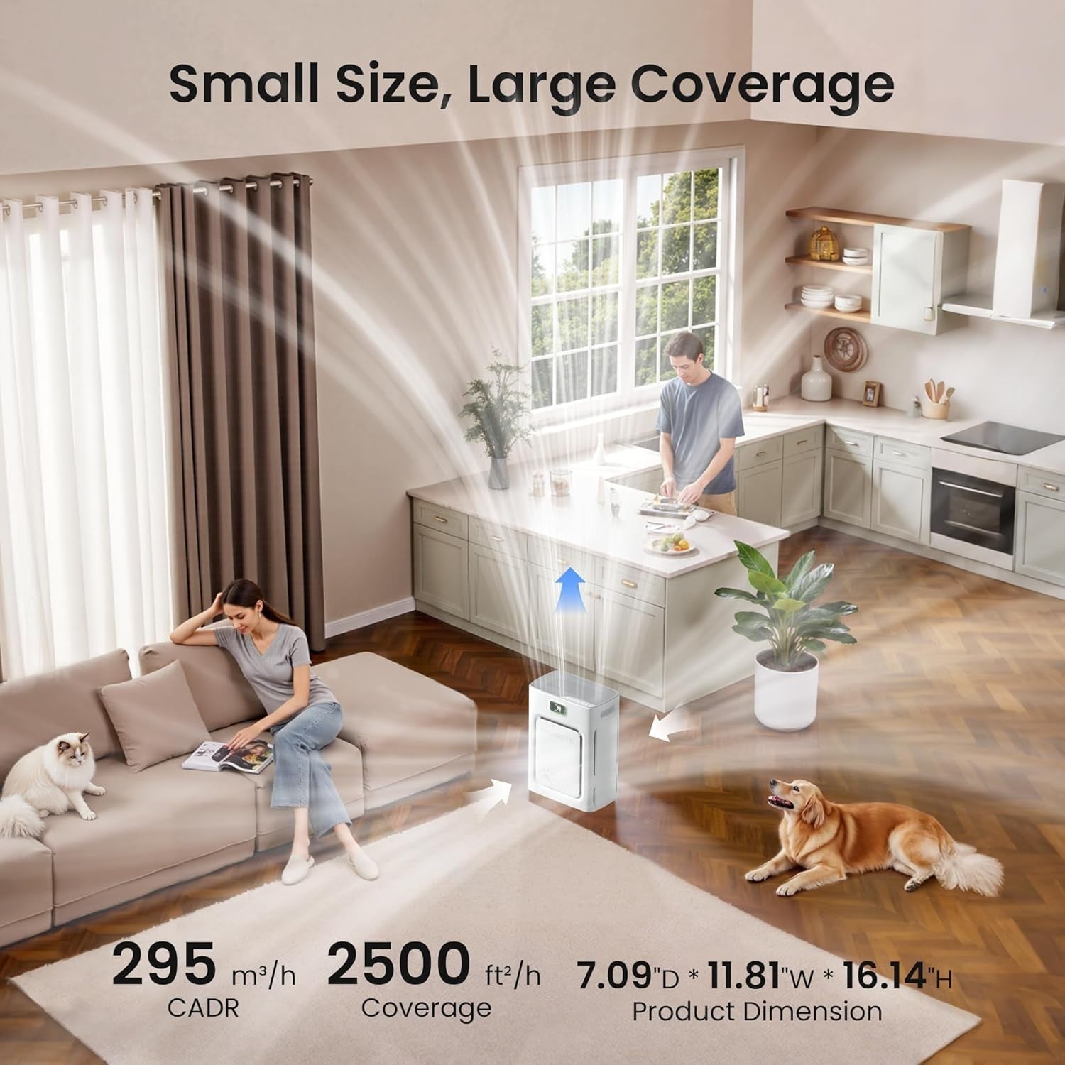 Pet Air Purifier Large Room 2500ft² HEPA Hair Odor PM2.5 Auto