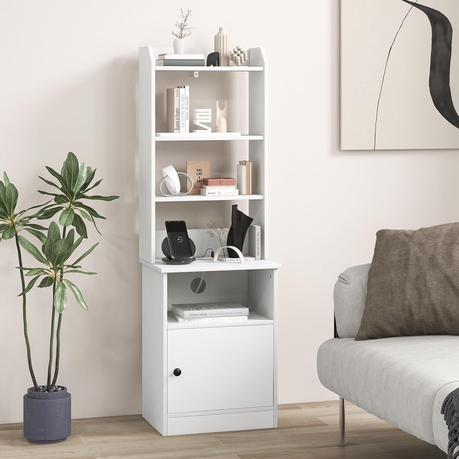 140cm Tall White Bedside Table with Charging Station & Adjustable Bookshelf Stor