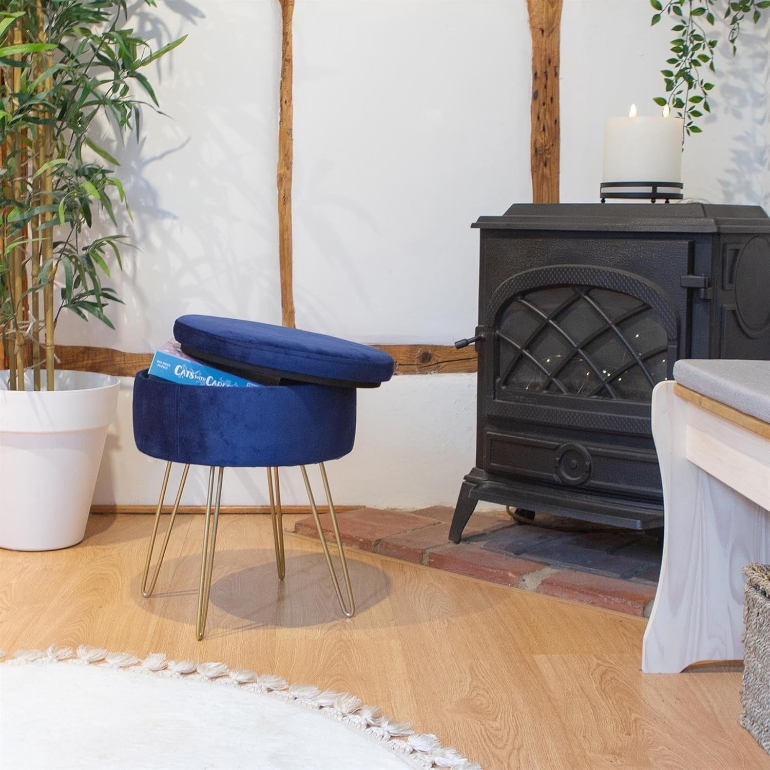 Set of 2 Blue Velvet Storage Footstools Gold Legs Modern Round Pouffes