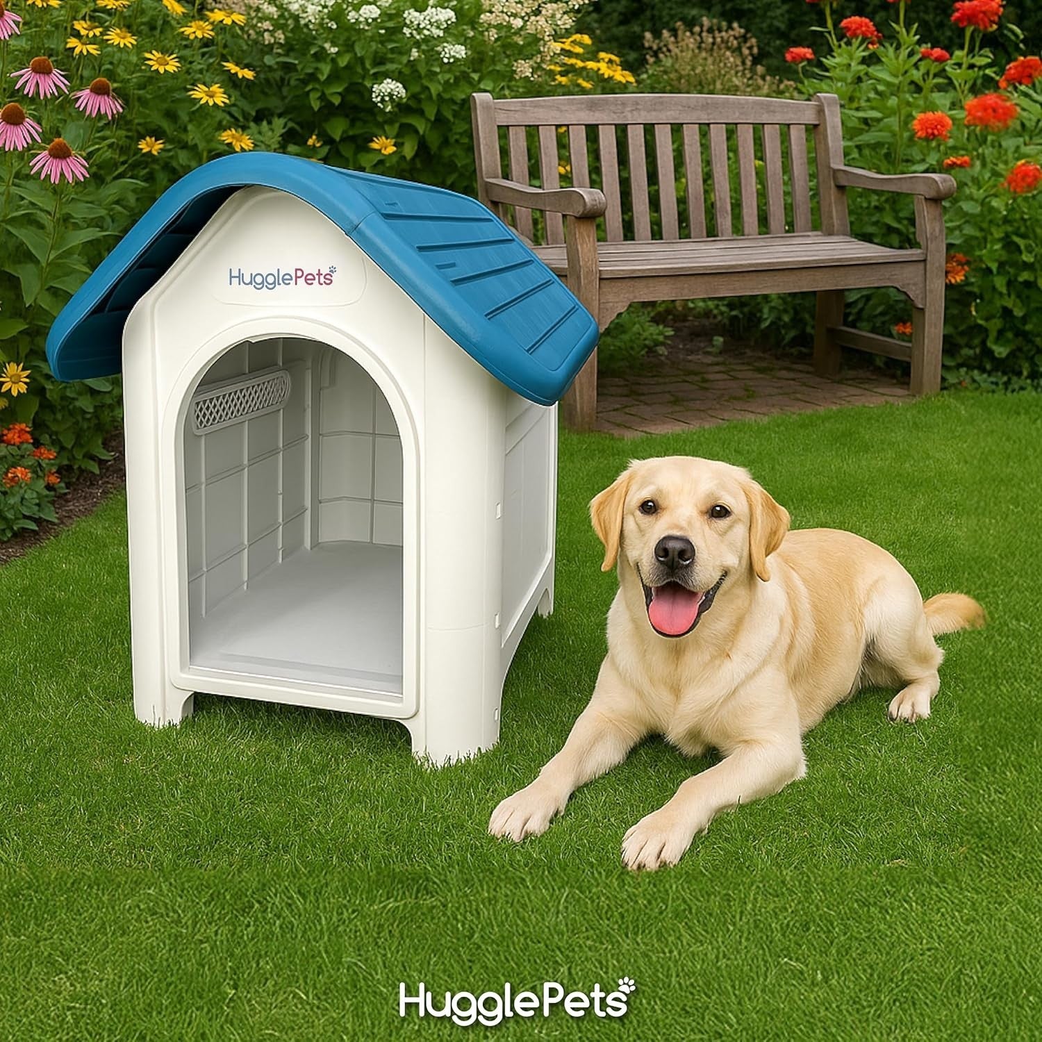 Outdoor Indoor Plastic Dog Kennel Raised Ventilated Weatherproof Shelter Blue