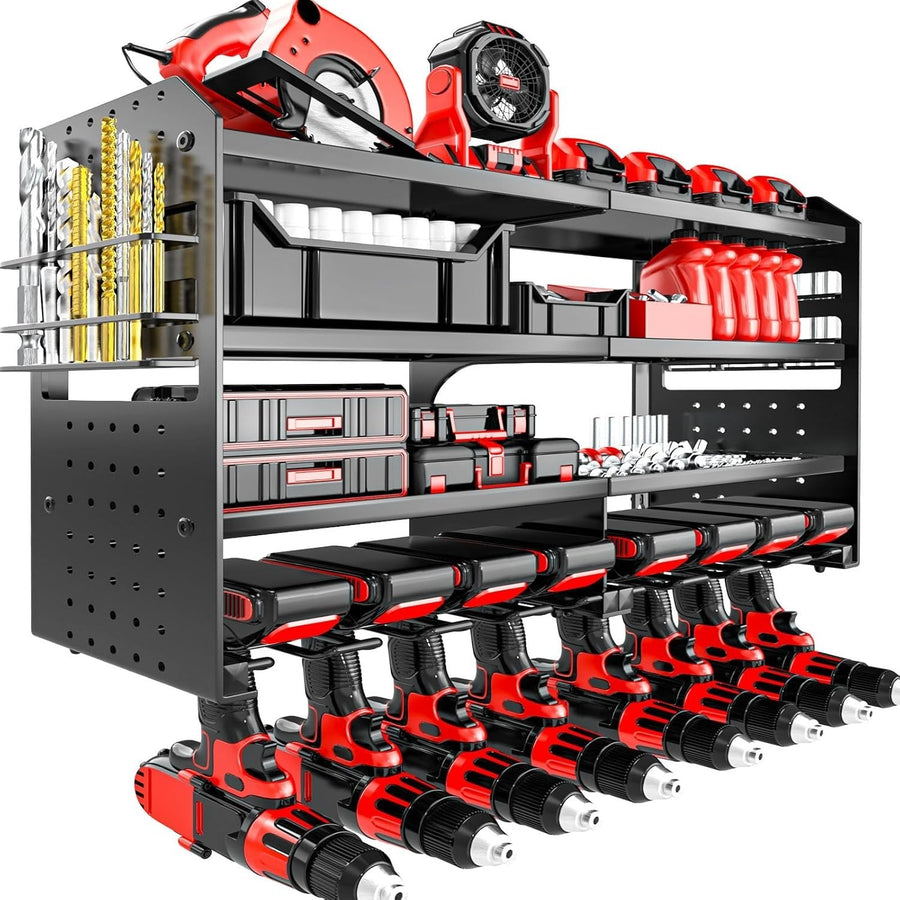 Wall-Mounted Power Tool Rack 4-Tier Screwdriver Holder Black Metal