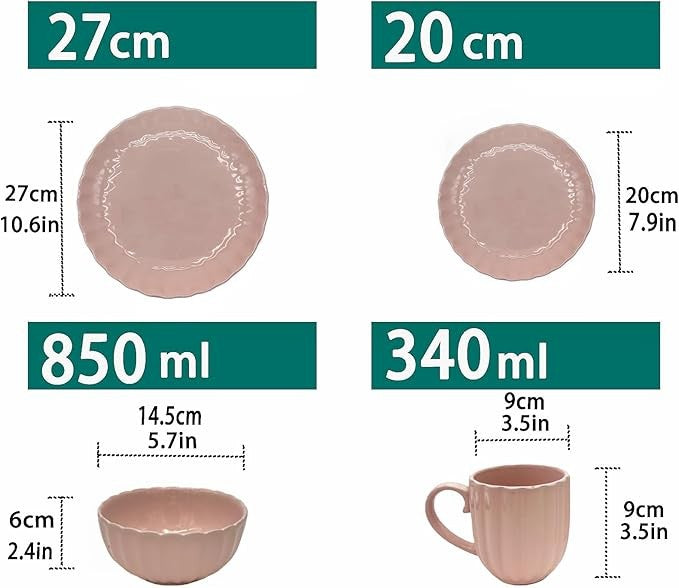 16 Piece Stoneware Dinner Set for 4 Plates Bowls Mugs Pink