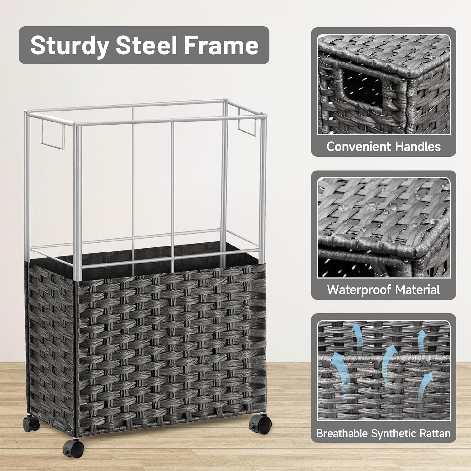 70L Slim Rattan Laundry Hamper Grey with Wheels 2 Liner Bags Tall Basket