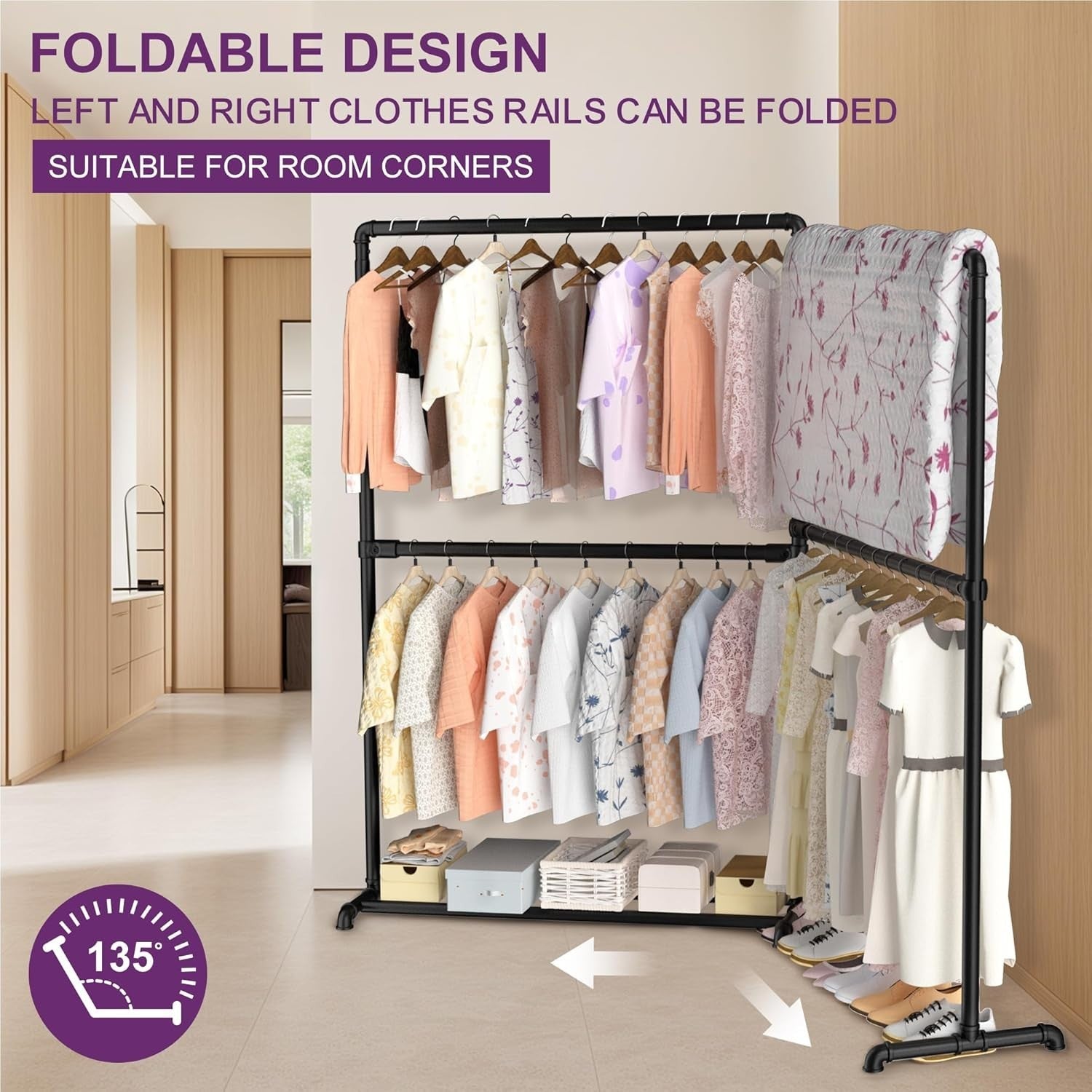 Heavy Duty Clothes Rail with Foldable Arms & Shelf Black