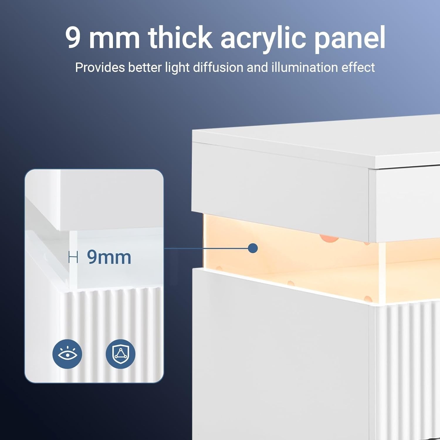 Modern White Bedside Table with LED Light & 3 Drawers – Ambient Nightstand