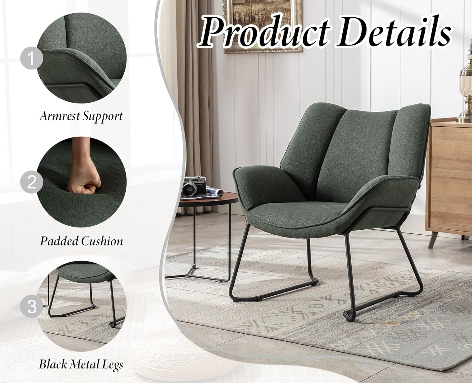 Green Linen Accent Armchair Tub Chair for Living Room Bedroom Modern