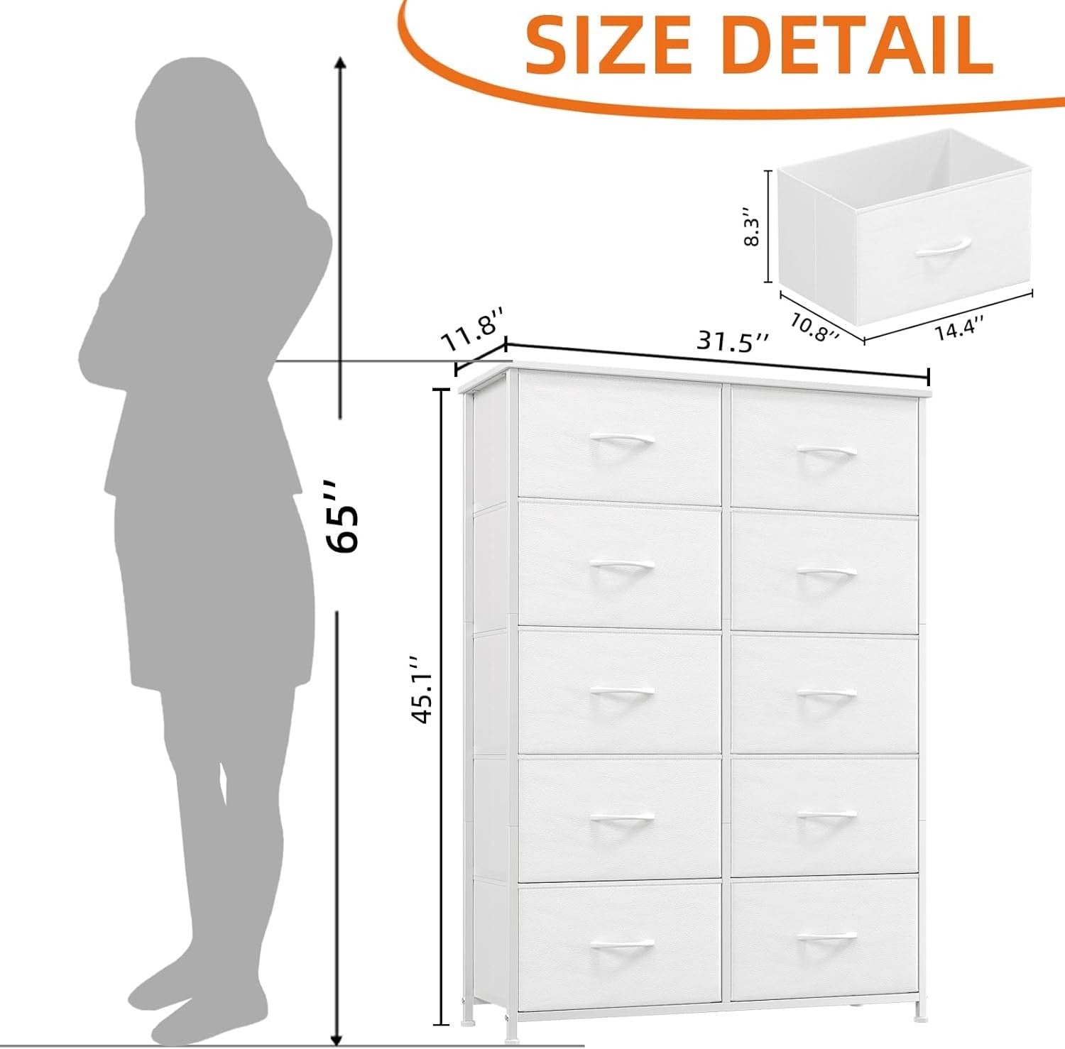 White Tall 10 Drawer Fabric Dresser Storage Unit Wardrobe Bedroom Cabinet