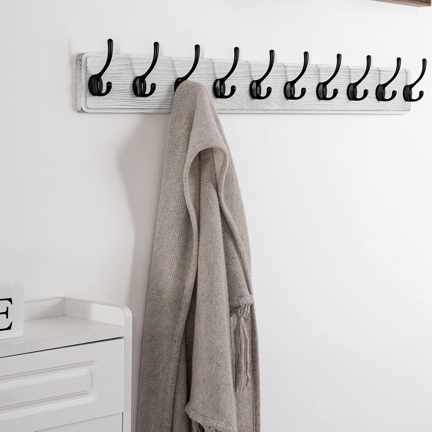 White Wood Wall Mounted Coat Rack with 10 Hooks | Farmhouse Hallway Hanger