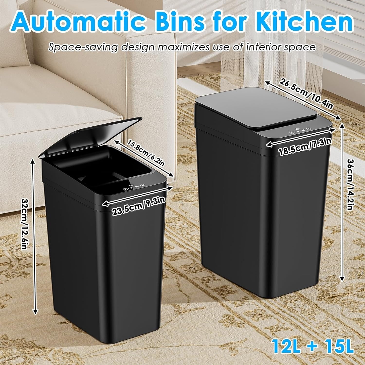 Touchless Kitchen Sensor Bin 2‑Pack | Automatic Quiet Smart 12L & 15L
