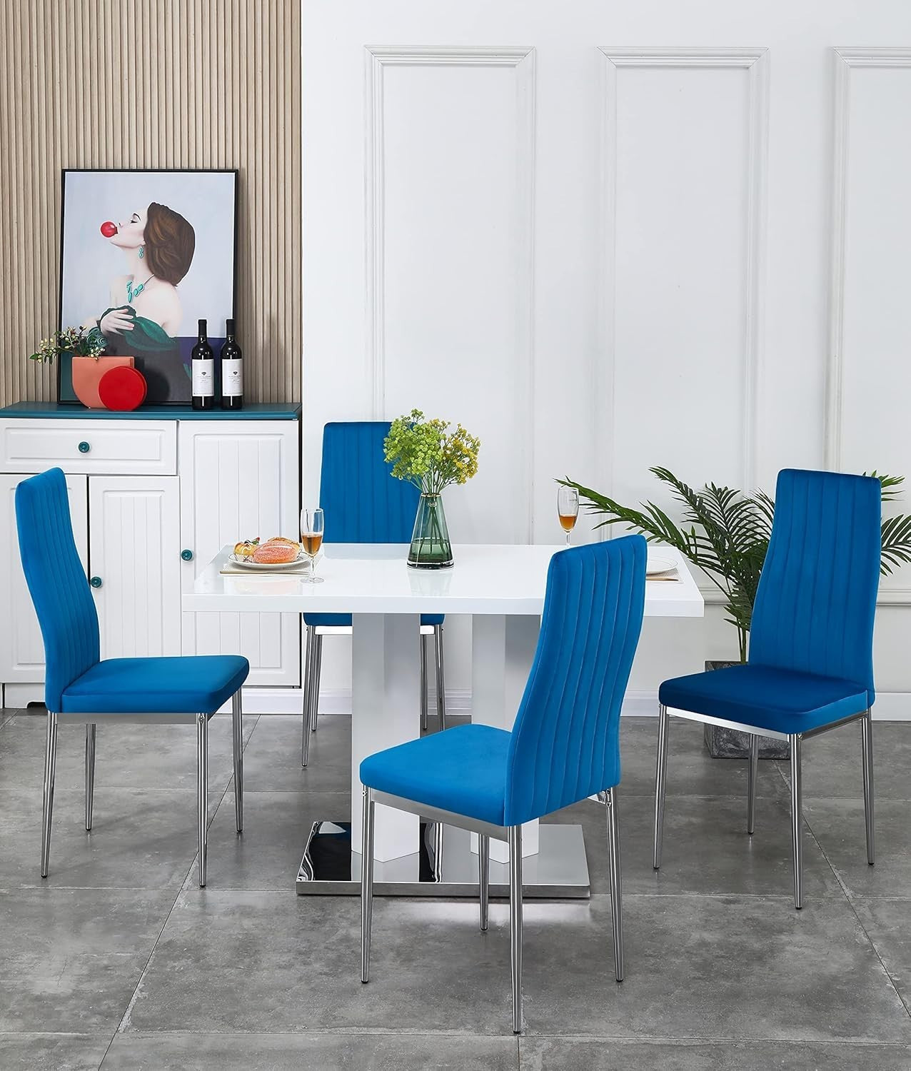 White Gloss Dining Table & 4 Blue Velvet Chairs Set Modern 4 Seater