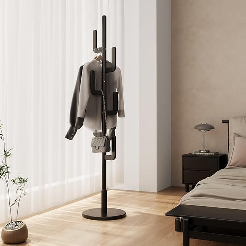 Black Wooden Coat Rack Stand | Modern Cactus Design Hall Tree with 6 Hooks