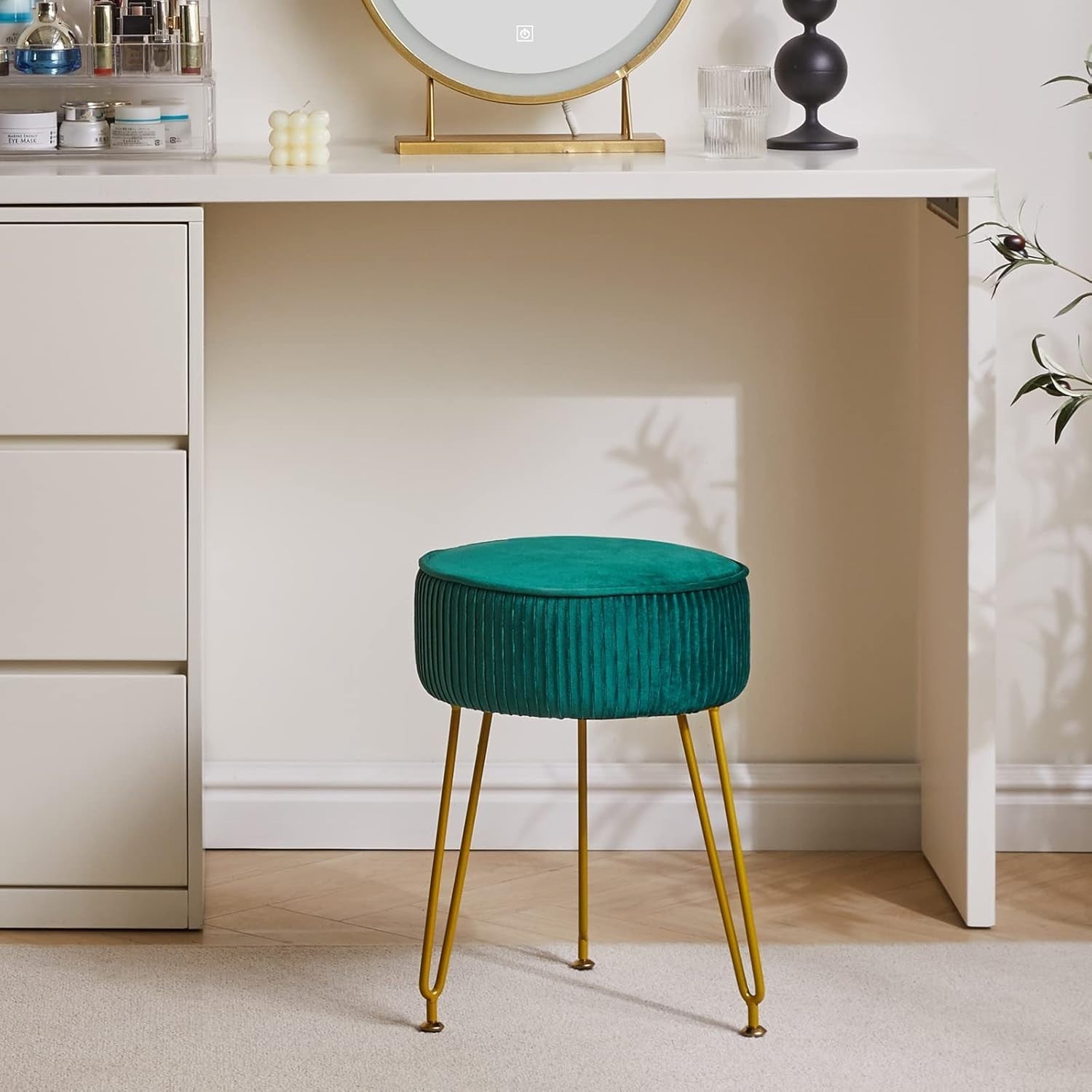 Velvet Round Footrest Stool with Golden Steel Legs – Creamy-White Vanity Seat