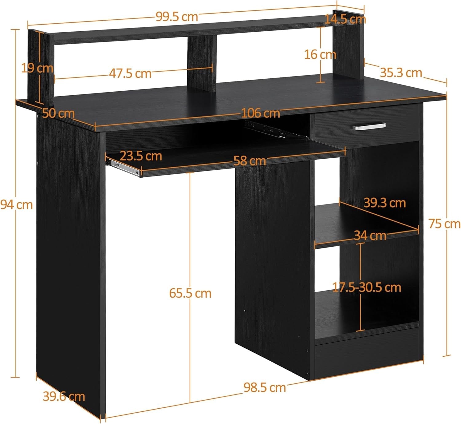 Black Computer Desk with Drawers Storage Shelf Keyboard Tray Home Office
