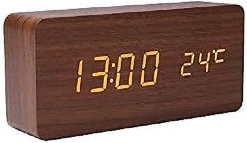 Wooden LED Digital Alarm Clock Silent Bedside Snooze Temperature