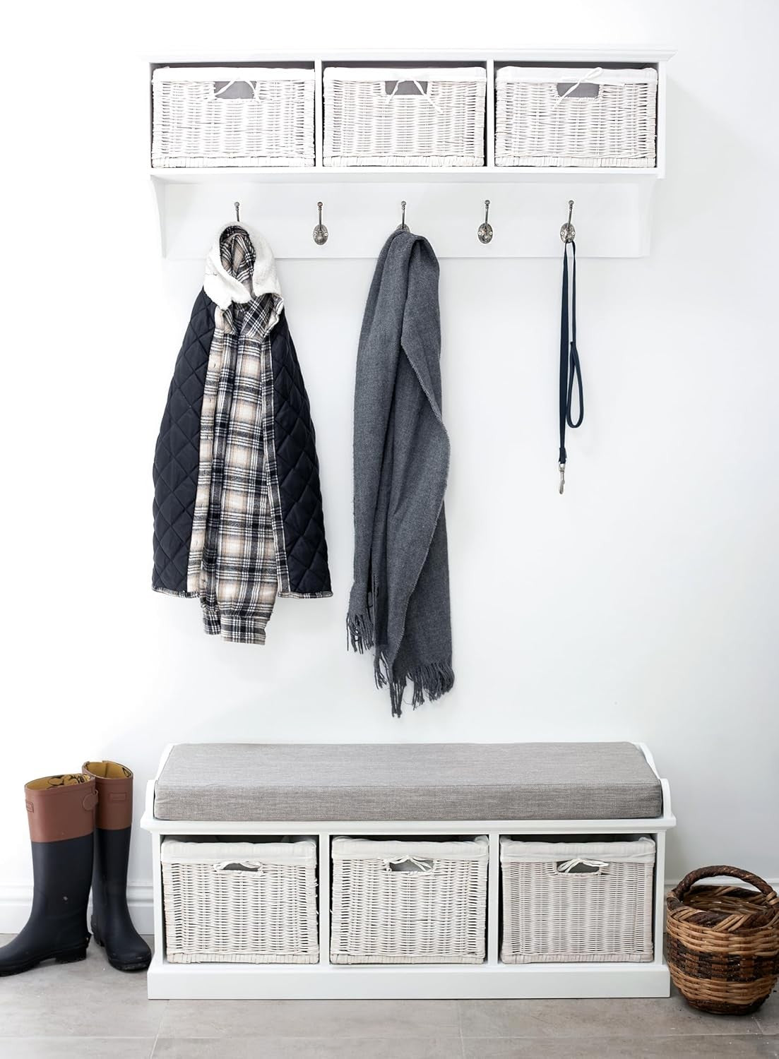 White Wall Mounted Coat Rack 3 Baskets 5 Double Hooks Hallway Storage Shelf