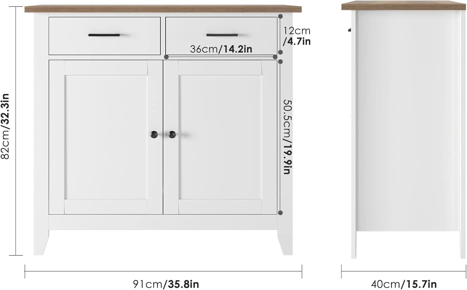 White Sideboard Cabinet 2 Door 2 Drawer Freestanding Storage Unit 91cm