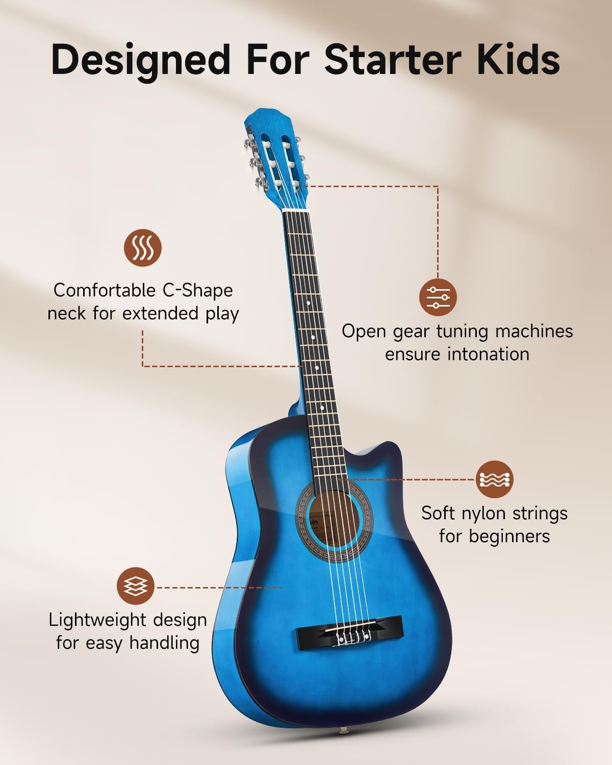 38" Blue Acoustic Guitar Kit Cutaway Nylon Strings w/ Bag & Tuner