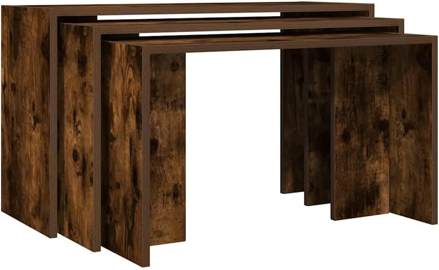 3 Pcs Nesting End Side Coffee Table Set Rectangular Smoked Oak Wood Stacking