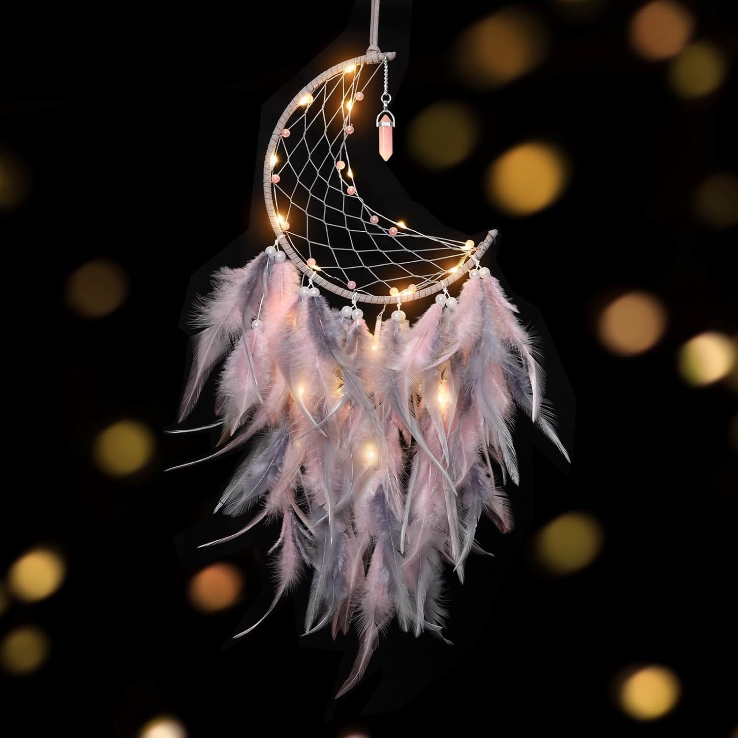 Boho Moon Dream Catcher Pink Grey Feathers Fairy Lights Wall Decor