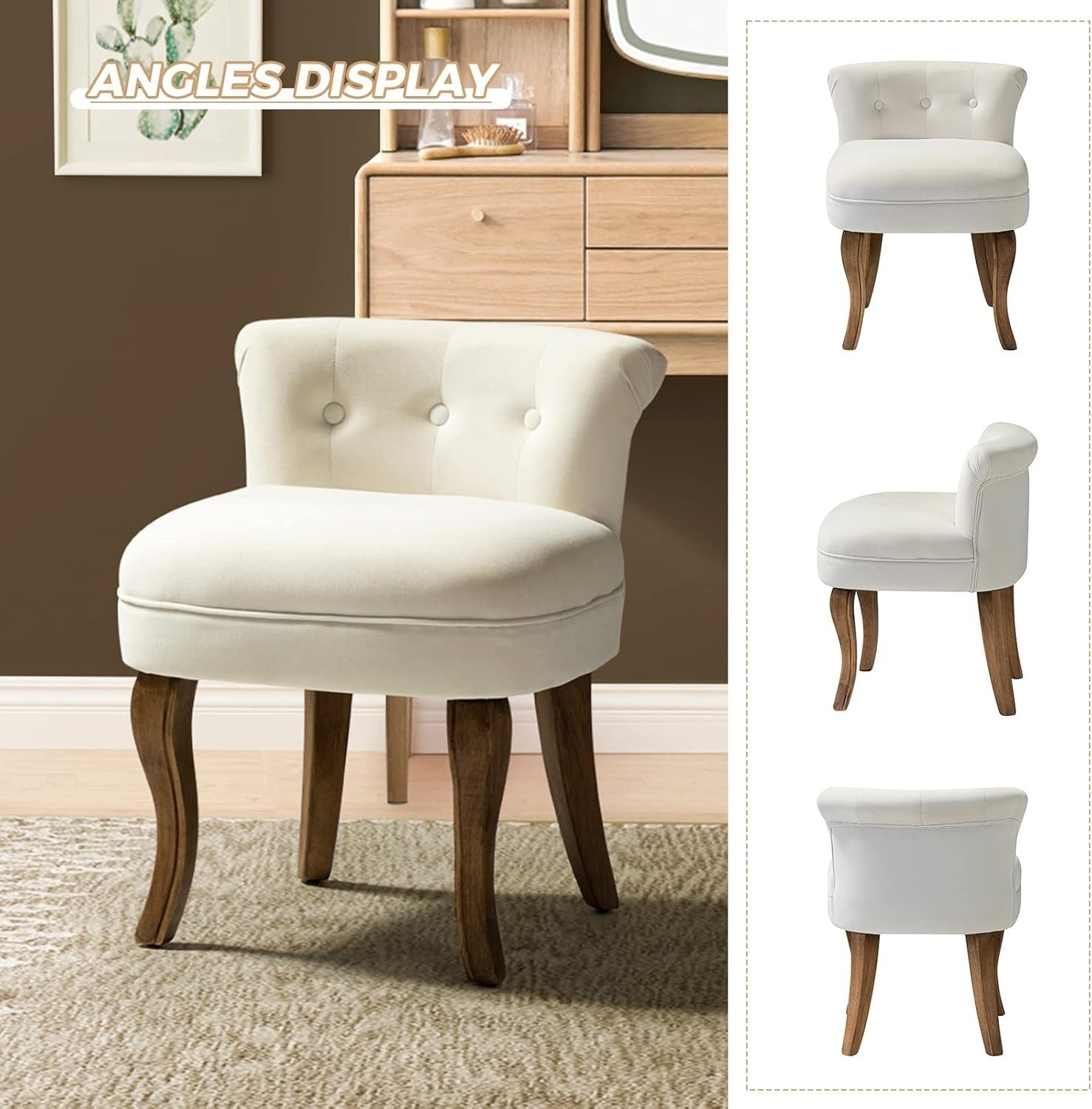 Ivory Velvet Vanity Stool – Low Back Upholstered Makeup Chair with Wood Legs