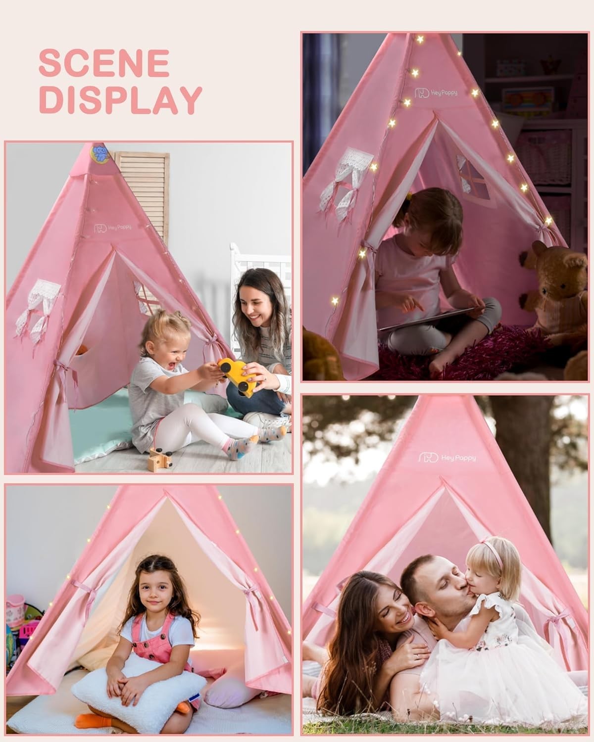 Kids Teepee Tent with Inflatable Airbed, Lights & Balloons – Pink Playhouse