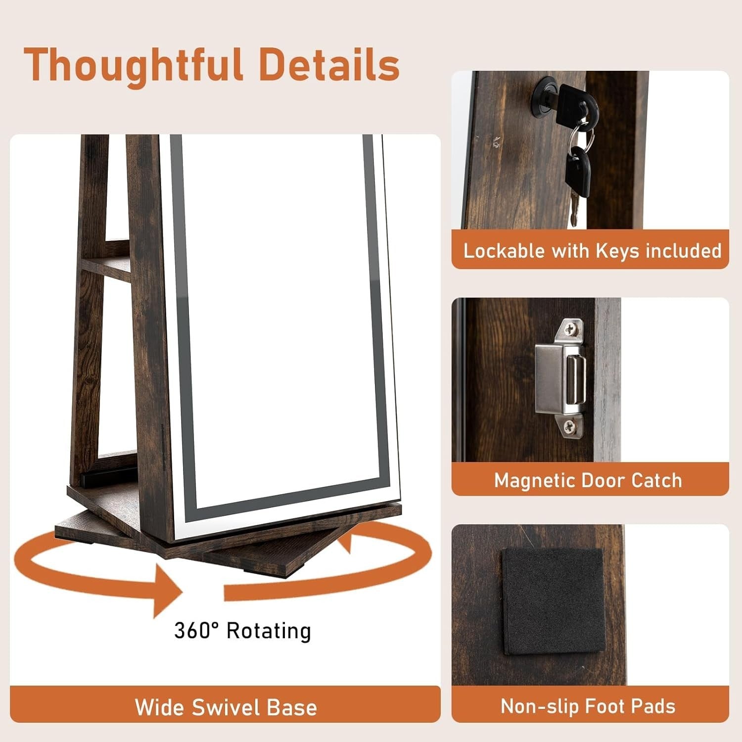Rustic Brown 360° Swivel LED Jewelry Cabinet Mirror Lockable Storage