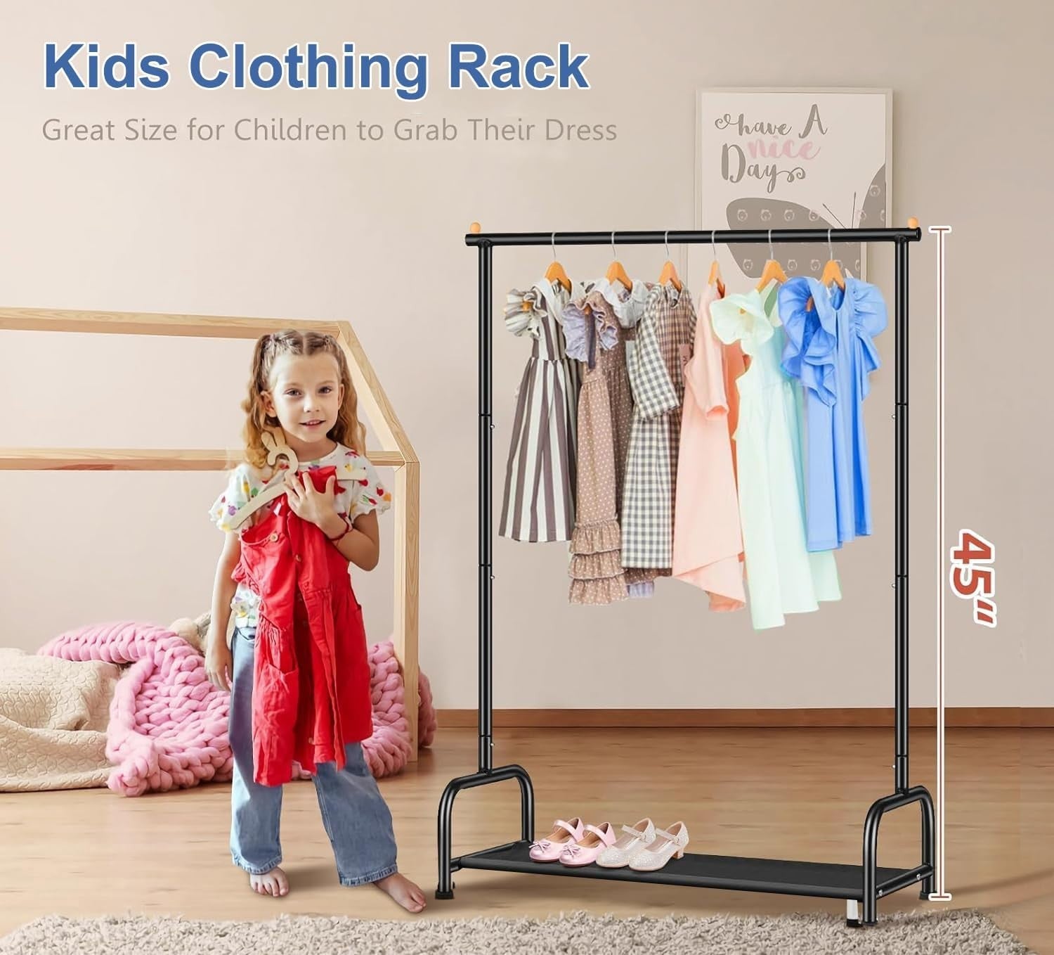 Kids Clothes Rail White Baby Dress Up Rack with Storage Shelf