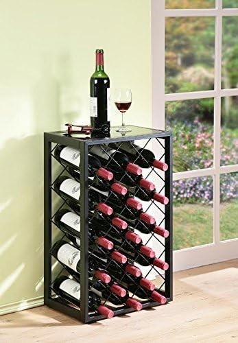 23 Bottle Metal Wine Rack with Glass Top Shelf Free Standing Black Kitchen Bar