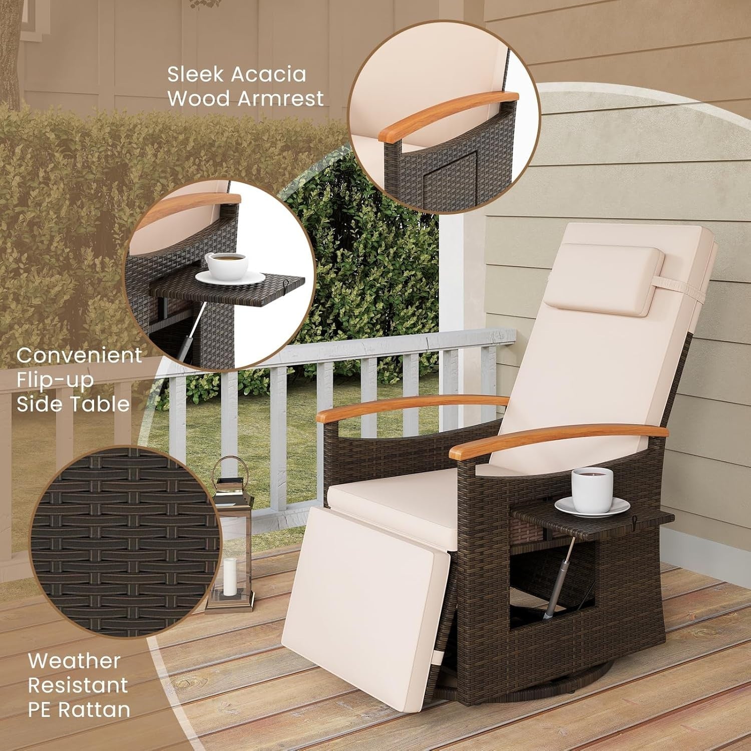 360° Swivel Rattan Recliner Chair with Footrest Side Table Garden Lounger
