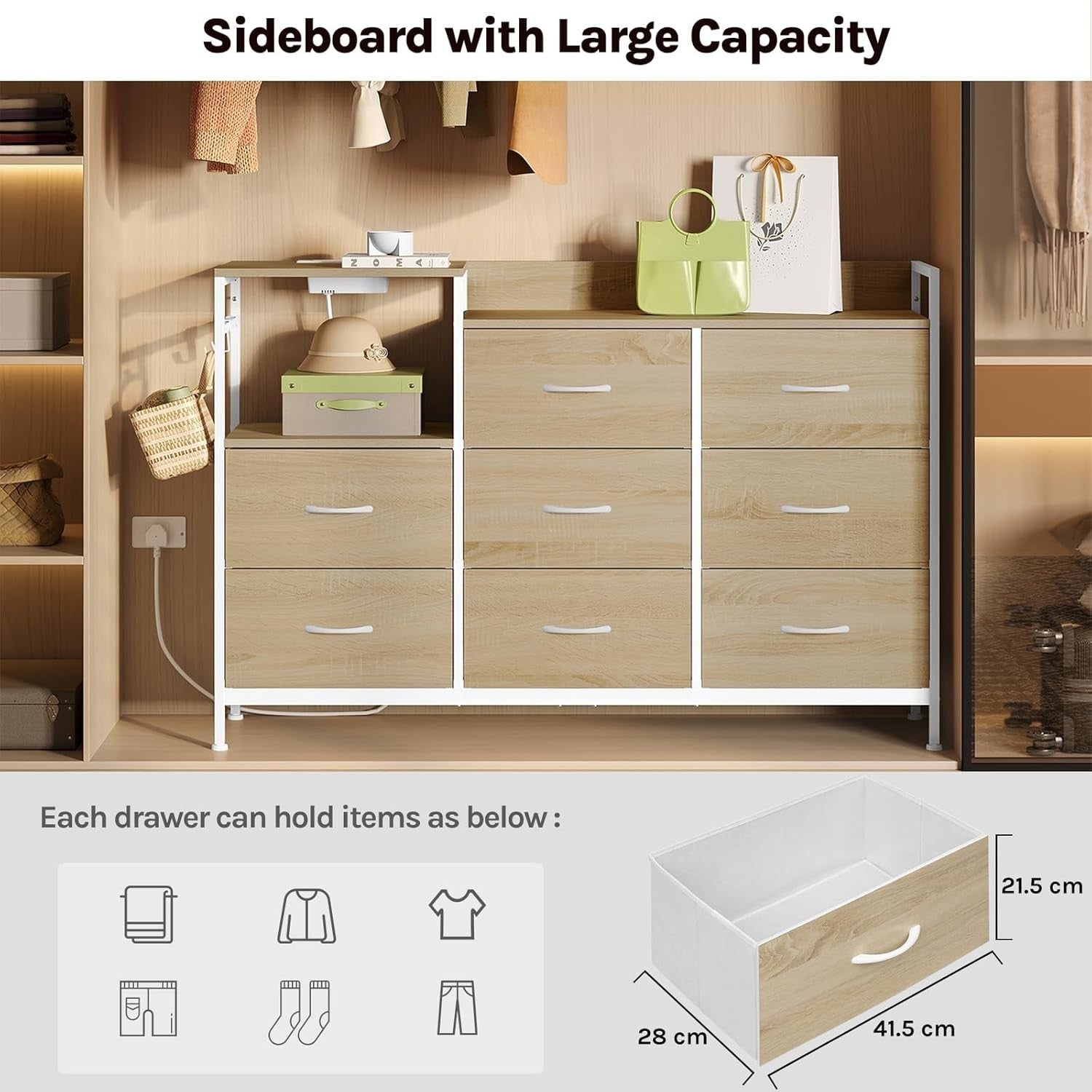 8 Drawer Fabric Chest with USB Ports Power Strip Light Oak White Storage Unit