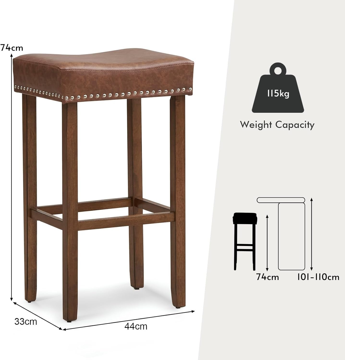Brown Saddle Bar Stools Set of 2 – Solid Wood Counter Chairs