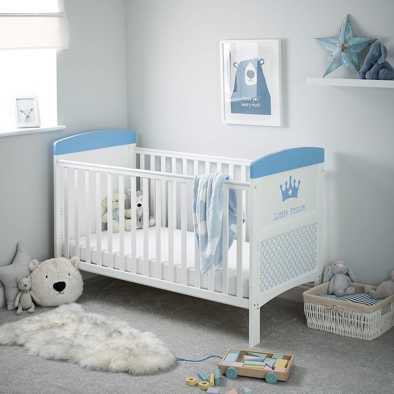 Convertible Cot Bed with Adjustable Height Toddler Bed 140x70cm White Blue