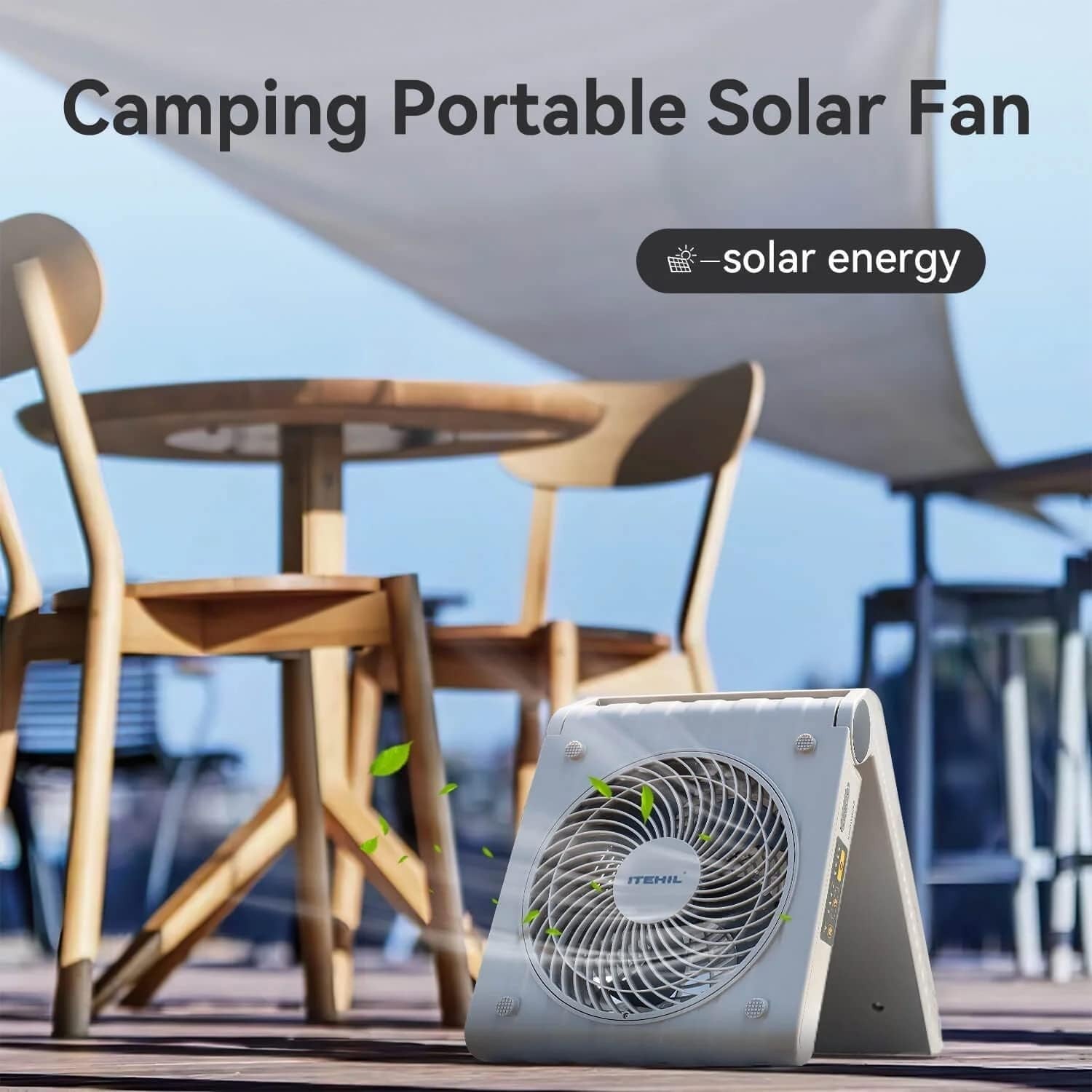 Portable Solar Electric Fan – USB 10000mAh Battery - 4 Speeds, 4 Timers, Gray