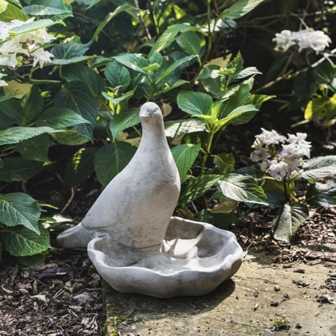 Cast Stone Pigeon Birdbath & Feeder – Handcrafted Garden Ornament Sculpture
