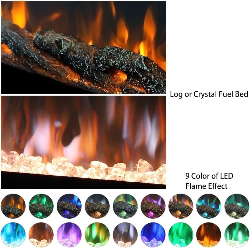 60" Wall Electric Fireplace LED Flame Crystal Insert Remote Heater