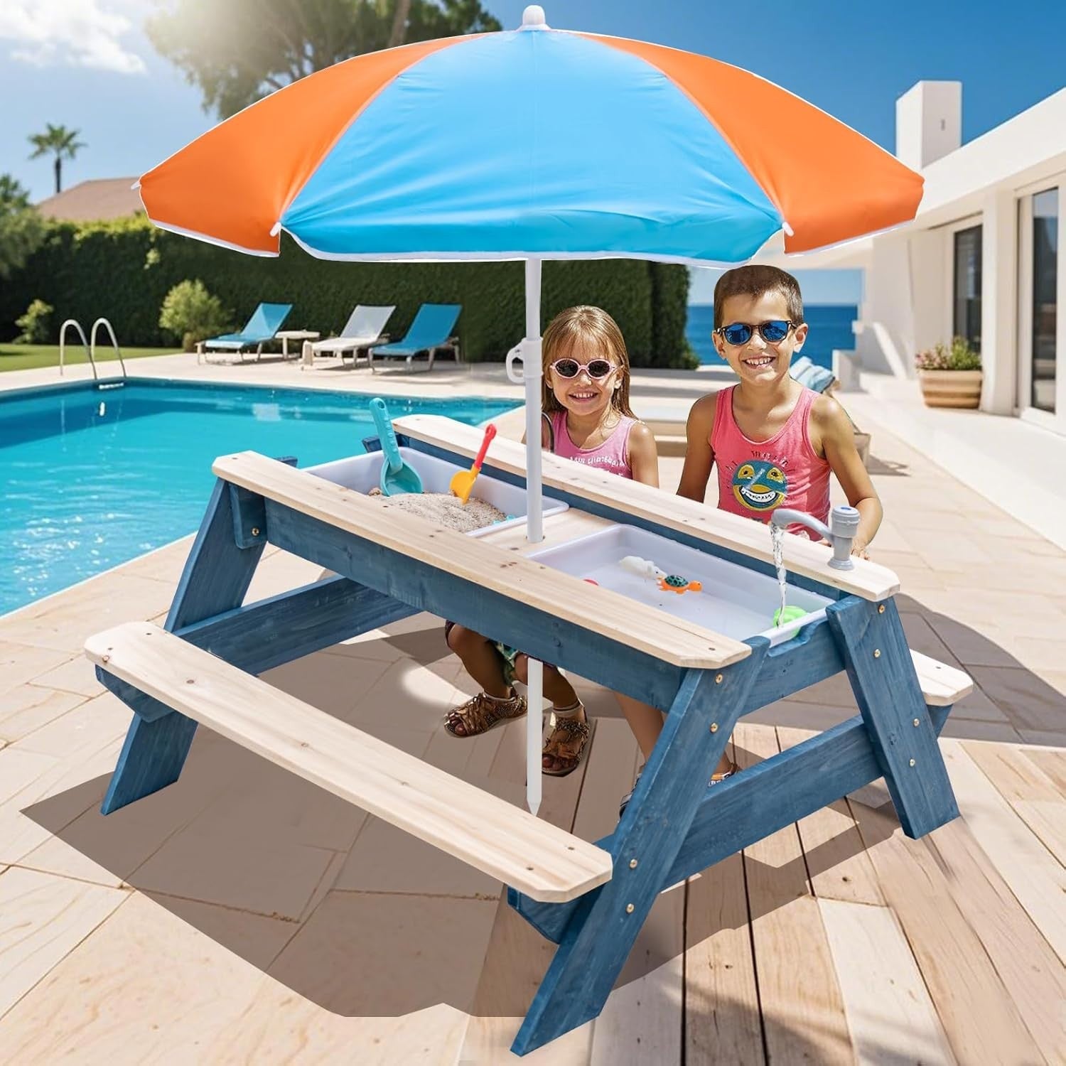 Kids 3in1 Sand & Water Activity Table Wooden Picnic Bench Blue Orange