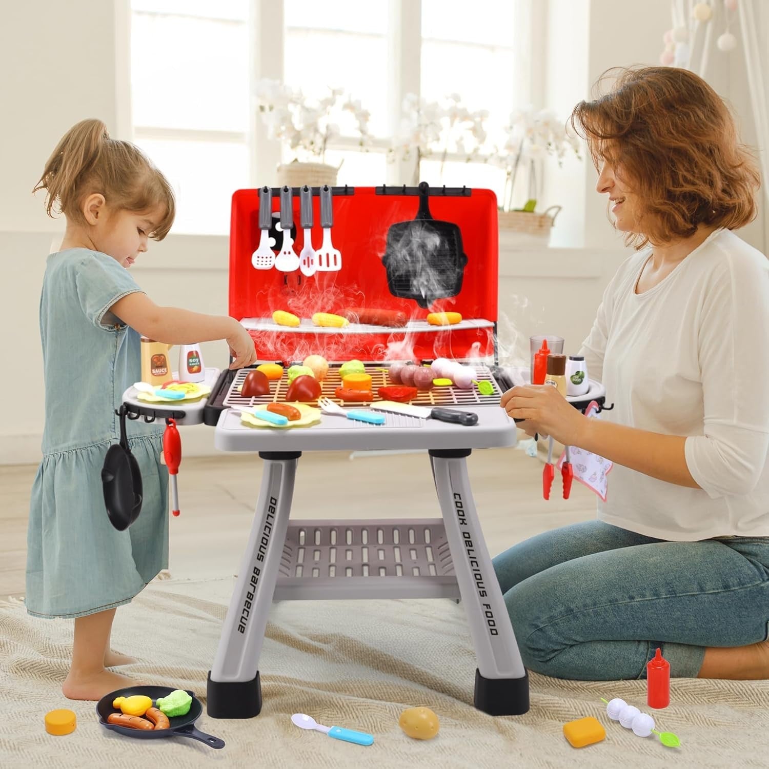 Kids BBQ Grill Playset Smoke Lights Sounds Pretend Kitchen Toy Set