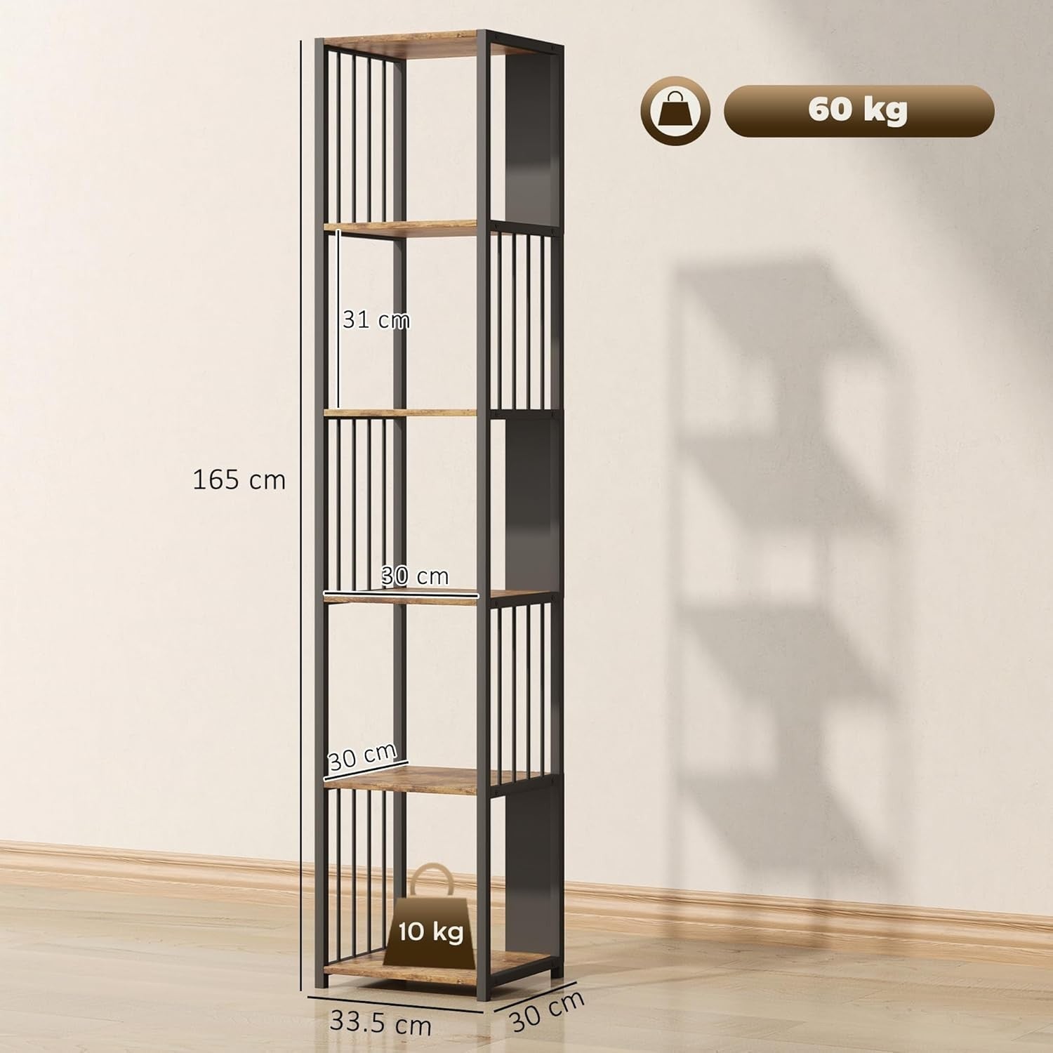 Tall 5-Tier Industrial Bookcase with Steel Frame & Open Shelves – Rustic Brown