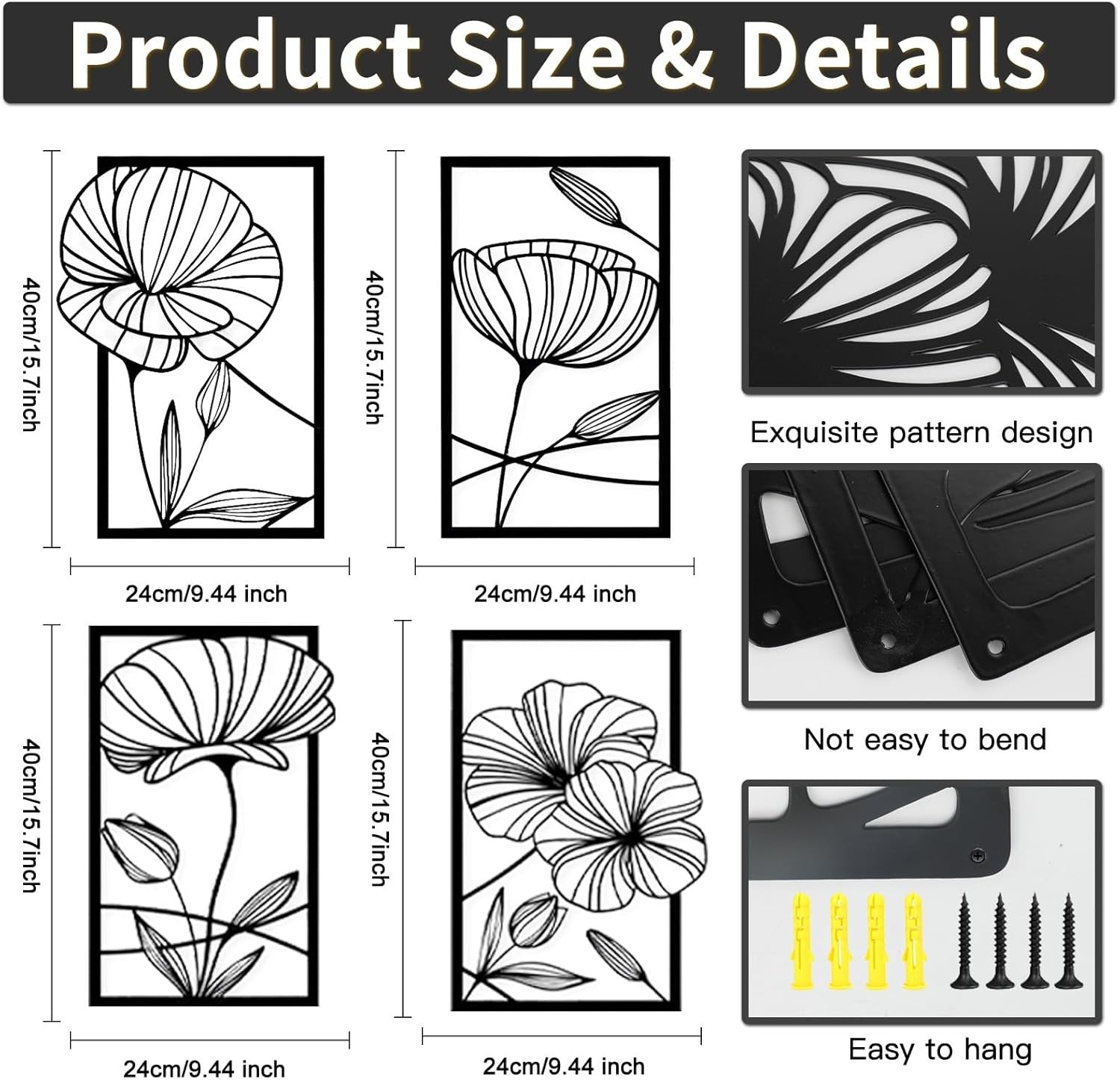 Black Metal Wall Art Set of 4 Lotus Flower 3D Line Sculptures Modern Decor