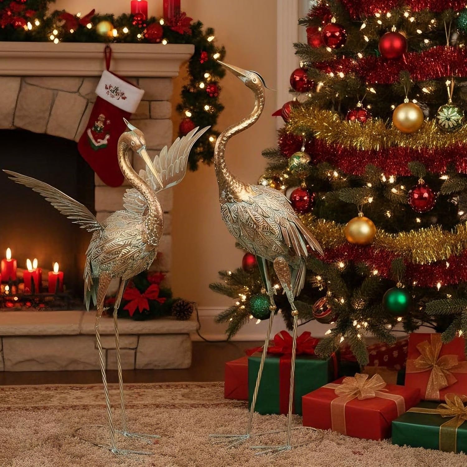 Large Metal Crane Garden Statues Pair 39in Bronze Heron Sculptures Outdoor Decor