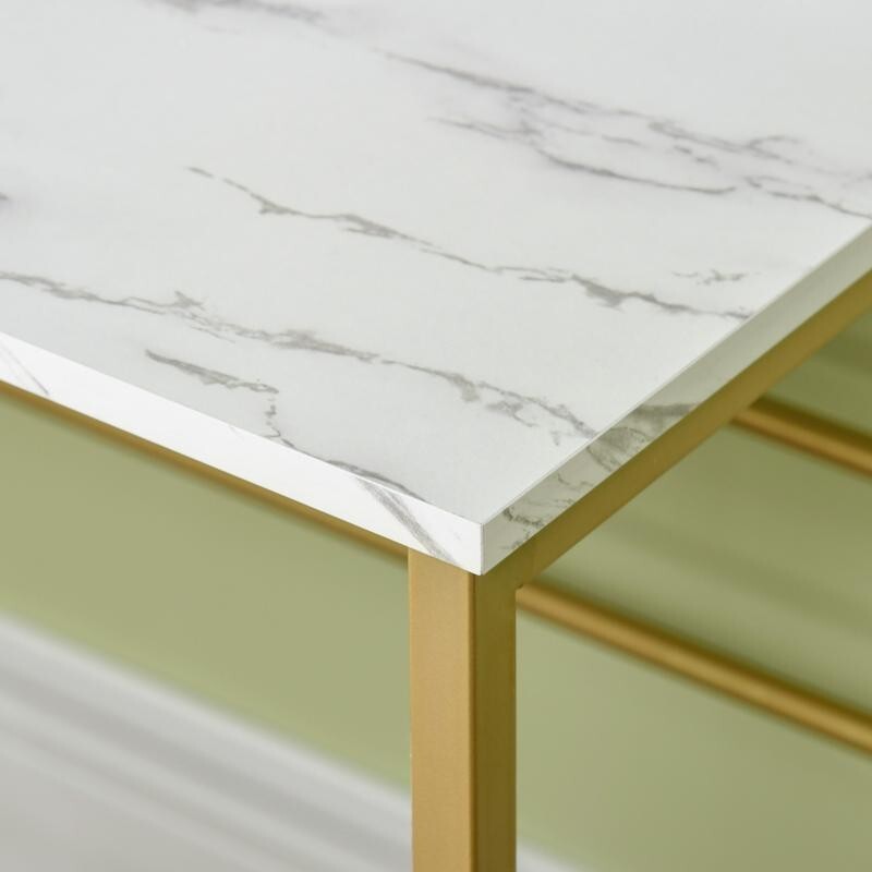 Modern White Vanity Desk w/ Mirror Marble Top Makeup Table Gold Legs