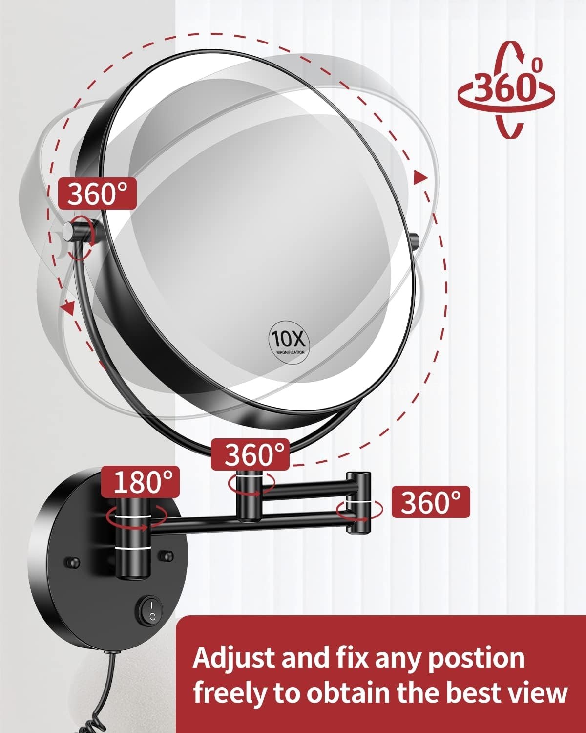 Wall Mounted Lighted Makeup Mirror 9" LED 1X/10X Magnification Touch Sensor