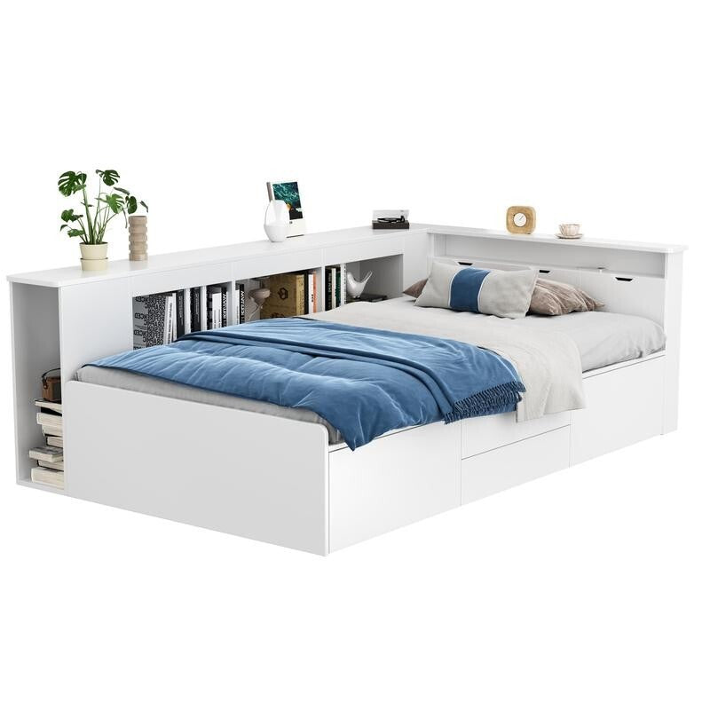 White Kids Single Storage Bed 3FT with Drawers Shelves Bookcase Frame 90x190cm