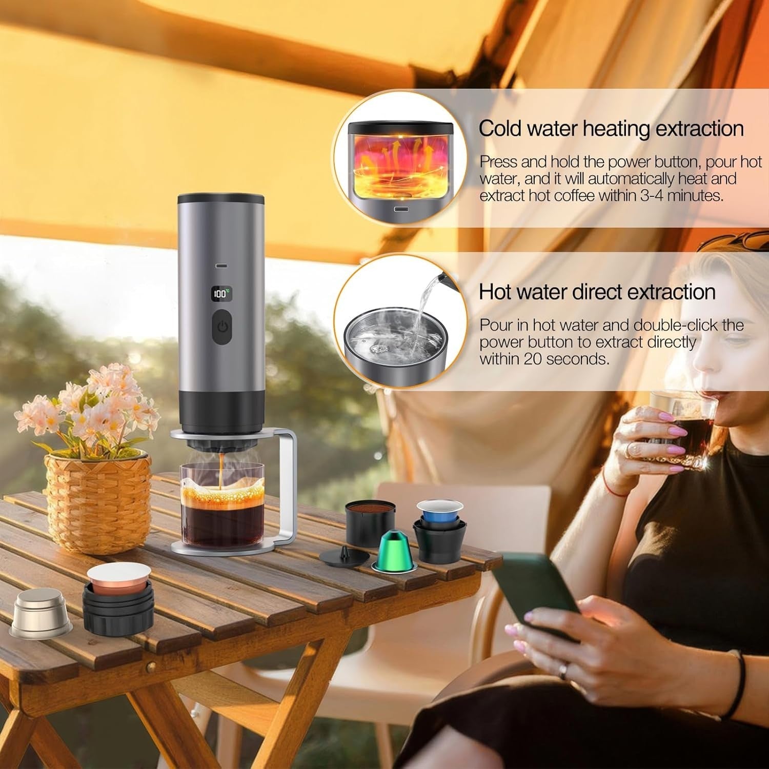 Portable Self-Heating Espresso Maker 20Bar Mini Travel Coffee Machine 3-in-1