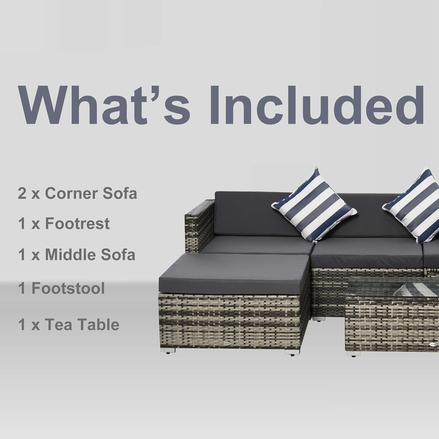 5PC Grey Rattan Outdoor Patio Sofa Set Modular Cushions Glass Table