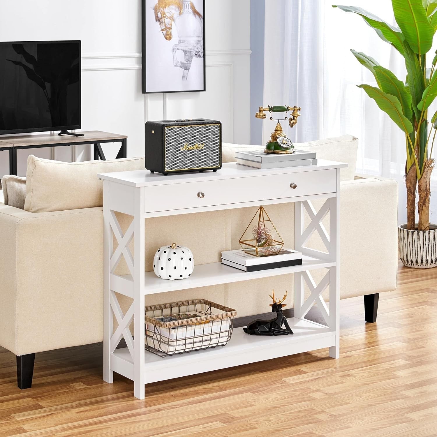 3-Tier White Console Table with Drawer & Storage Shelf, 100x30x80cm, Sturdy